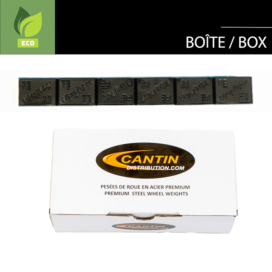 BOITE DE PESÉES DE ROUE ADHÉSIVES CANTIN MINCES NOIRES 1/2 OZ X 288 MCX AVEC ADHÉSIF NOIR ET PLASTIQUE RAPIDE BLEU