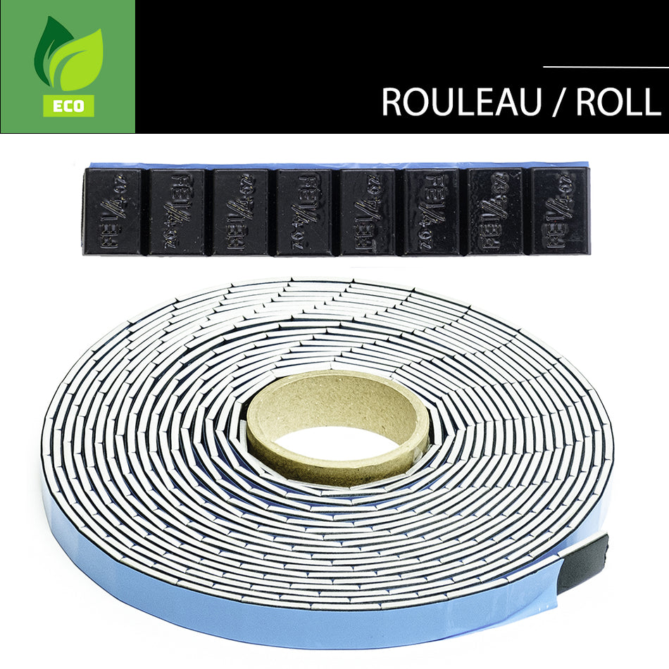 ROULEAU DE PESÉES DE ROUE ADHÉSIVES CANTIN MINCES NOIRES 1/4 OZ X 720 MCX AVEC ADHÉSIF NOIR ET PLASTIQUE RAPIDE BLEU