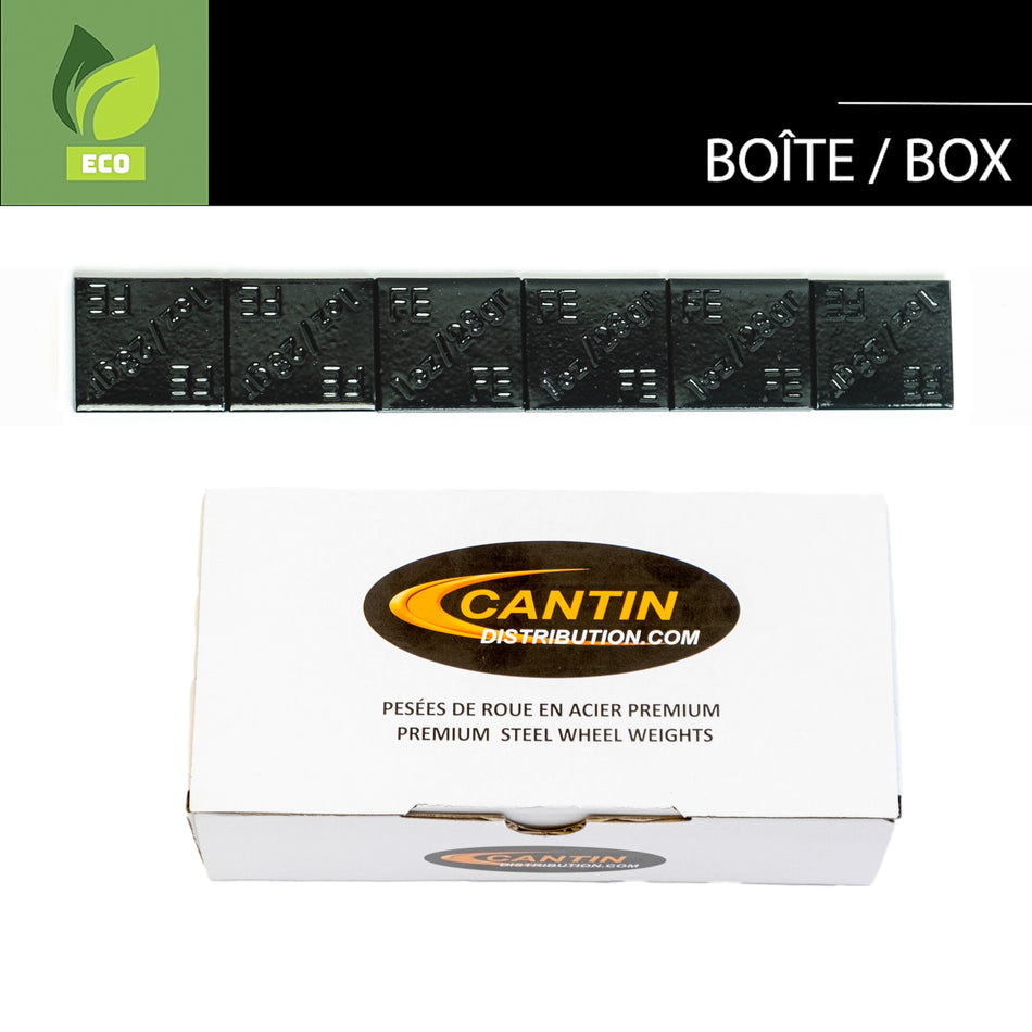 BOITE DE PESÉES DE ROUE ADHÉSIVES CANTIN MINCES NOIRES 1 OZ X 144 MCX AVEC ADHÉSIF NOIR ET PLASTIQUE RAPIDE BLEU