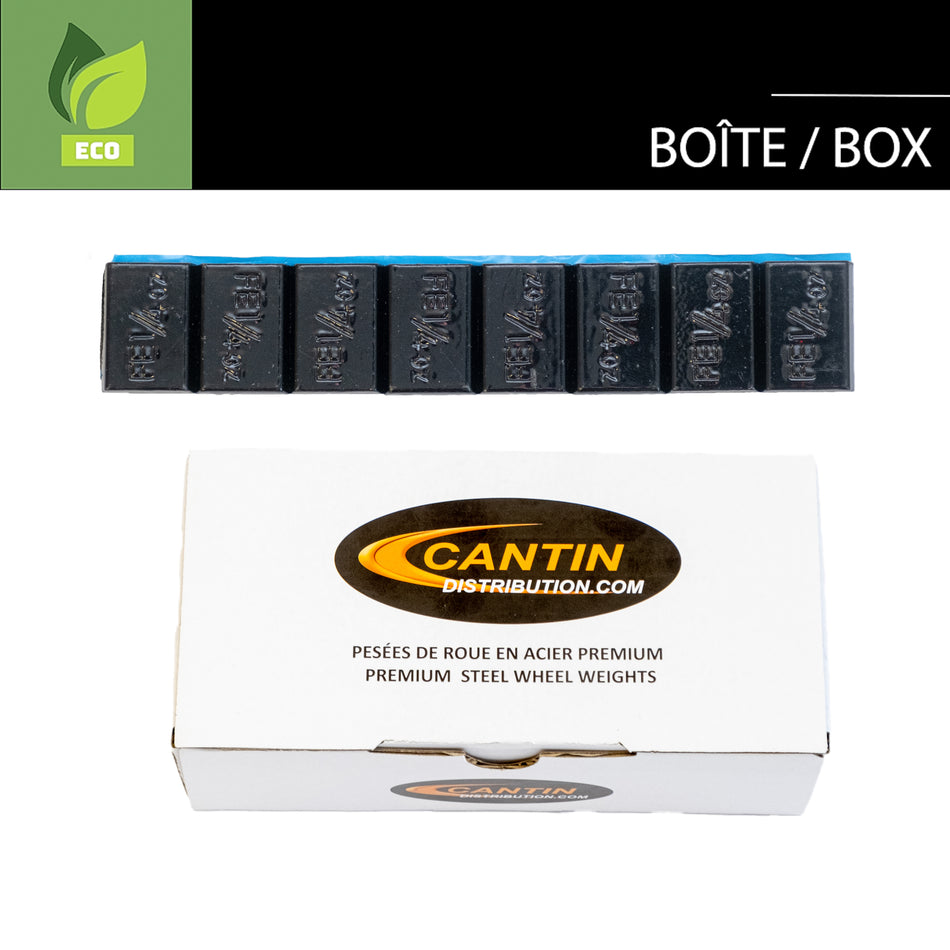 BOITE DE PESÉES DE ROUE ADHÉSIVES CANTIN MINCES NOIRES 1/4 OZ X 576 MCX AVEC ADHÉSIF NOIR ET PLASTIQUE RAPIDE BLEU