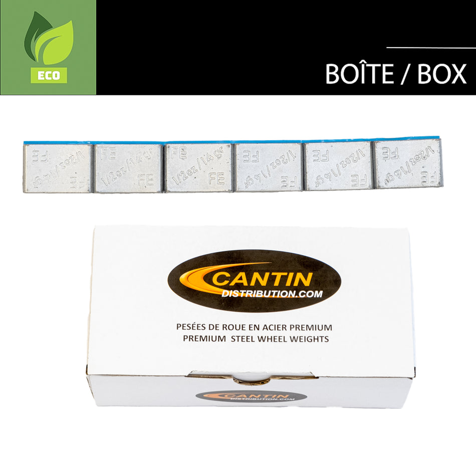 BOITE DE PESÉES DE ROUE ADHÉSIVES CANTIN MINCES GRISES 1/2 OZ X 288 MCX AVEC ADHÉSIF NOIR ET PLASTIQUE RAPIDE BLEU